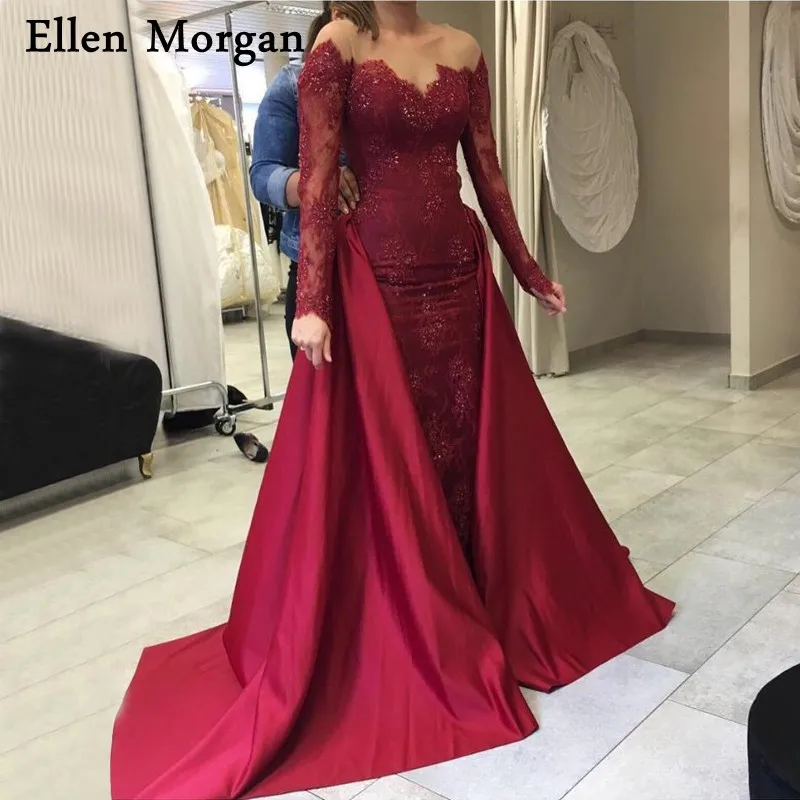 Bourgondië Lange Mouwen Mermaid Avondjurken 2019 Dubai Kaftan Vintage Kant Moslim Verwijderbare Rok Event Formele Prom Jassen Bourgondië Lange Mouwen Mermaid Avondjurken 2019 Dubai Kaftan Vintage Kant Moslim Verwijderbare Rok Event Formele Prom Jassen