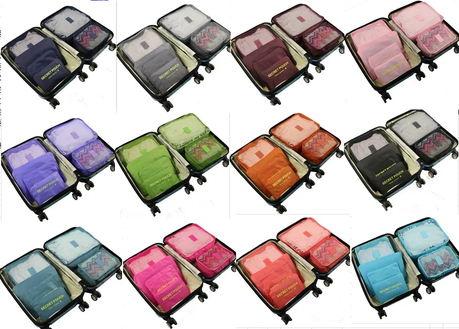 DHL 20set 6pcs/set Travel Storage Bag Set For Clothes Tidy Organizer Wardrobe Suitcase Pouch Travel Organizer Bag 12 colors