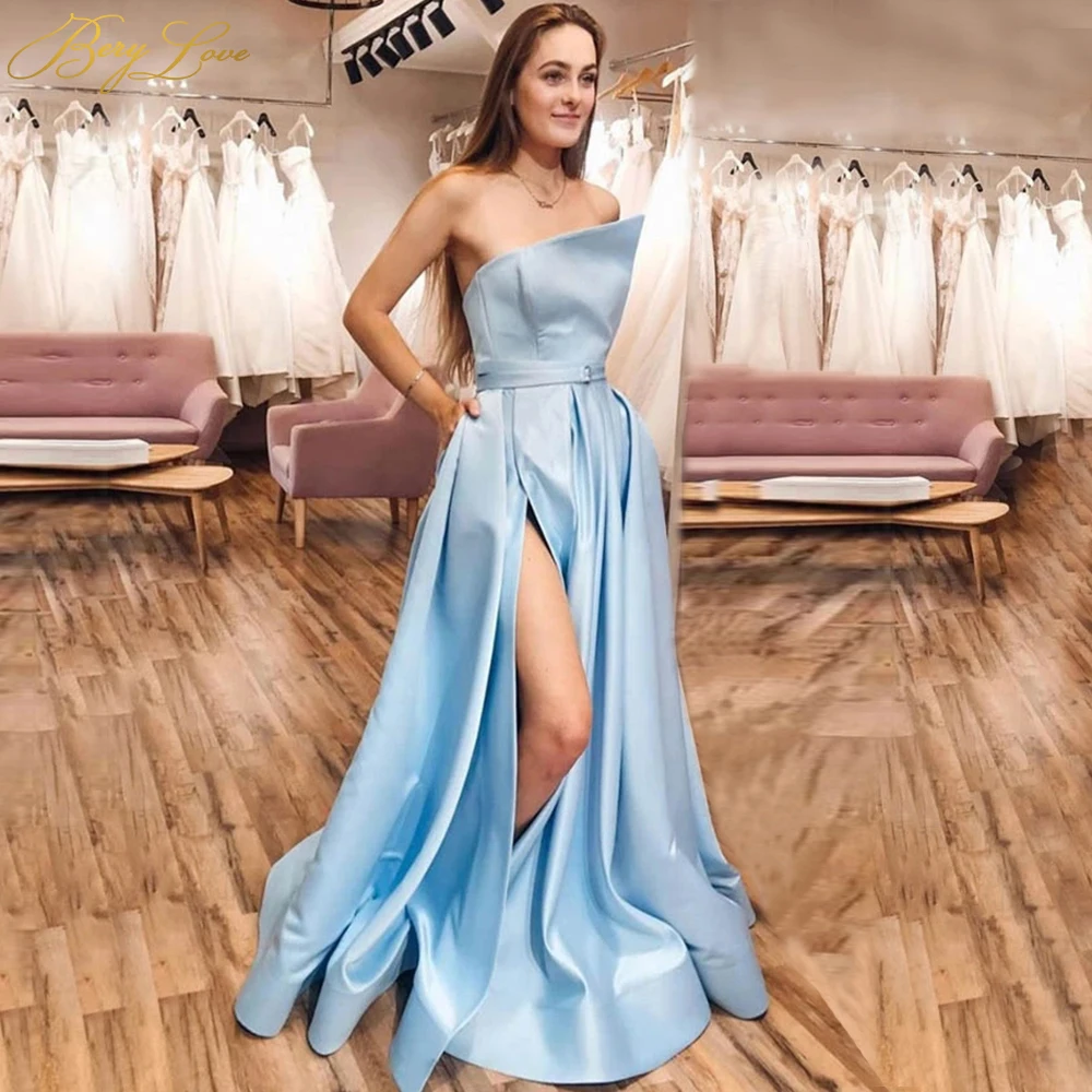BeryLove Blue Long Elegant Evening Dress 2020 Off Shoulder High Slit Satin Formal Party Dress Fresh Look Prom Dress Long Sky Blu
