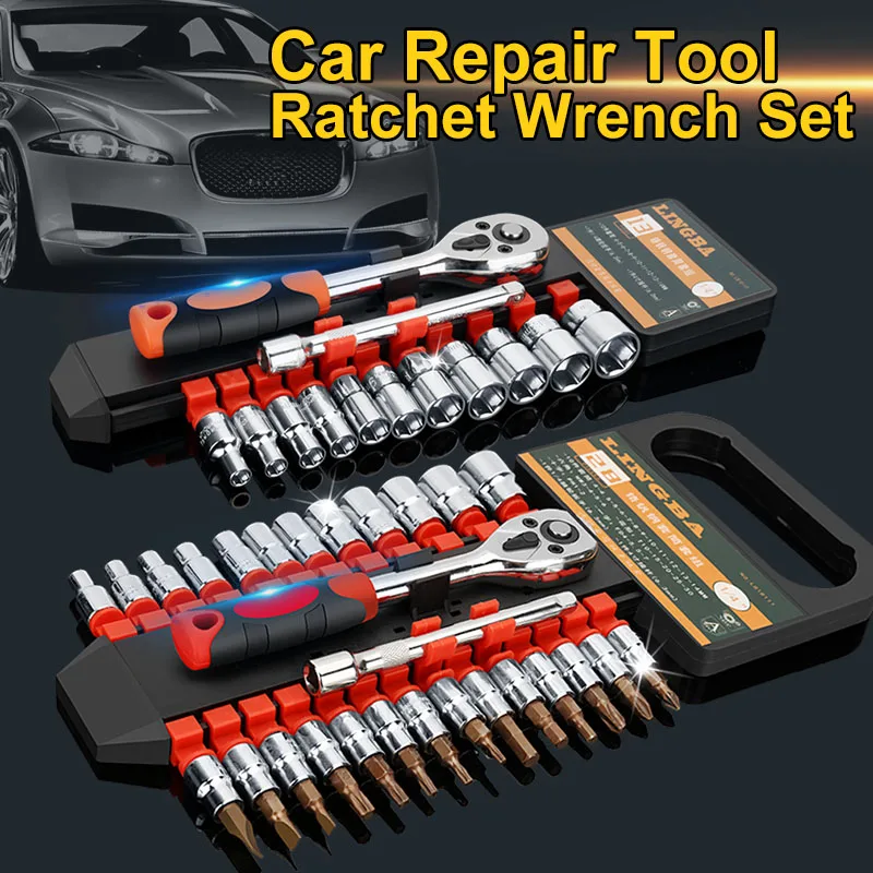 

Car Repair Tool Set 1/4 Inch Ratchet Wrench Set Hand Socket Set Released Handle and Extension Bar for Bicycle Motorcycle Car