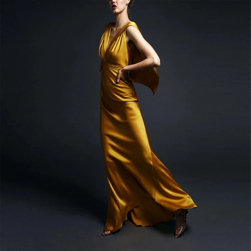 

Luxury Brand Dress Women Long Natural Pure Slik Satin Dress Sexy V Neck Backless Evening Celebrity Club Long Maxi Dresses Female
