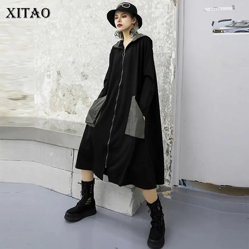 

XITAO Hit Color Patchwork Pocket Dress Plus Size Irregular Elegant Dress Women Clothes 2019 Fashion Hooded Collar Autumn GCC1461