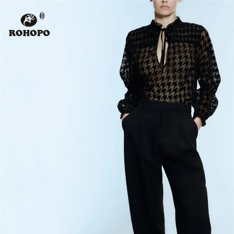 

ROHOPO Round Collar Embroidery Houndstooth Lace Mesh Black Blouse Lantern Sleeve Front Split Neck Semi Transparent Falda #9057