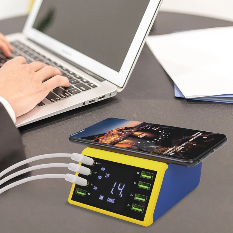  Mecánico 8 USB cargador inteligente QC 30 carga rápida Carga inalámbrica con pantalla LCD