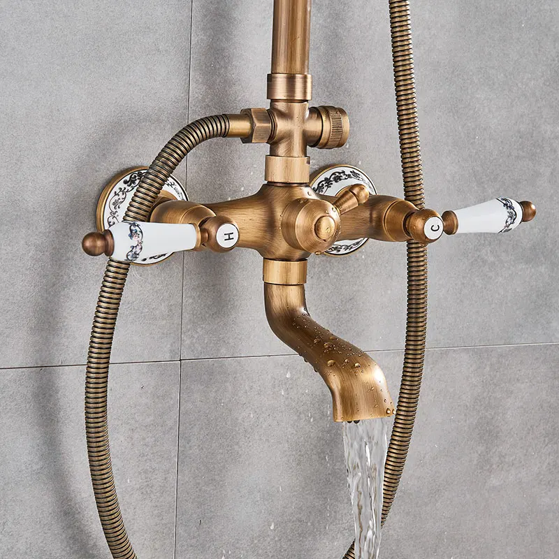 8" Brass Antique Bathroom Shower Faucet Set Wall Mount Dual Handle Handshower Shelf Hot Cold Systems Mixer rain Shower System shower set