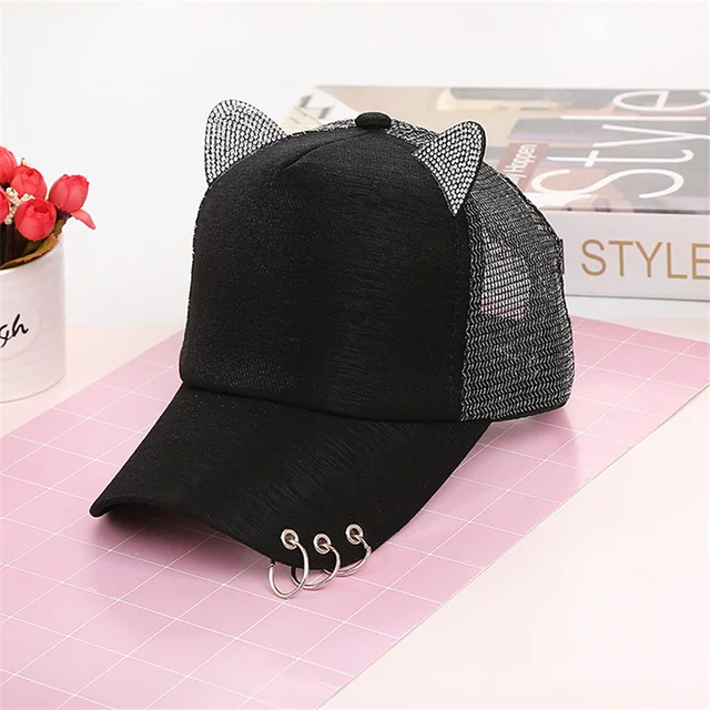 New High-Quality Fashion Butterfly Print Baby Cotton Baseball Cap With Brick Mosaic Ladies Beautiful Girl Hip-hop Mesh Hats Cat ears Black - Net