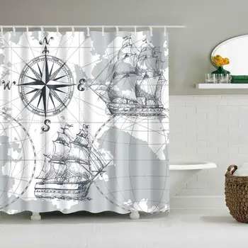 

Waterproof Thicken Grey Nautical Sailboat Theme Bathroom Polyester Mildew Proof Bath Tub Shower Curtain with 12 pcs Hooks
