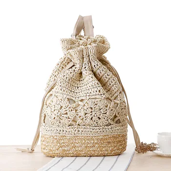 

2020 Women Backpack Handmade Knitted Flower Drawstring Lace Crochet Straw Beach Bags Designer Female Hollow Out Backpack