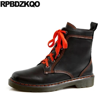 

faux fur british booties brand women winter boots genuine leather autumn round toe lace up flat combat military black shoes