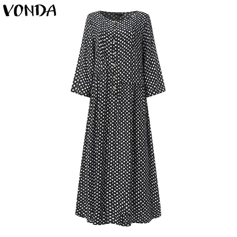 VONDA, летнее платье для беременных, винтажное, с принтом, рукав 3/4, платья для вечеринок, свободное, Пляжное Платье, сарафан для беременных - Цвет: Черный