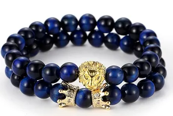 

8mm 2PCS/Set uik4 elastic adjusted nature blue Tigereye bead micro pave cz zircon cubic zirconia Lion head Crown Bracelet