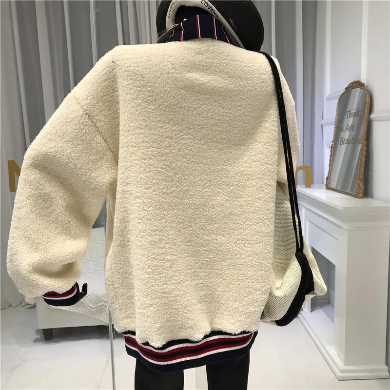 New Autumn and Winter Lambhair Badge Loose Pullover Sweatshirt Women's Fashion Lapel Stripe Splicing Lamb Wool Hoodie Tops