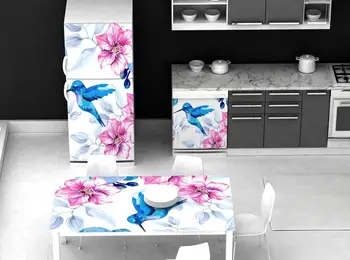 

3D Table Sticker Bird Around Flower Draw Refrigerator Stickers Art Fridge Door Cover Kid's Wallpaper Table Cover Kitchen Deco