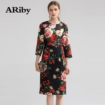 

ARiby 2019 Autumn new dress retro rose flower print seven-point sleeve high waist slim luxury women's long temperament dress