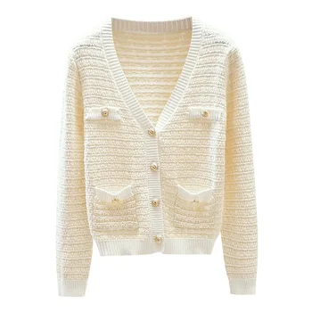 

Knitted Cardigan sweater Women Spring Autumn Contrast color Button Bottom Clothing Sweater Fashion Cardigan for Female