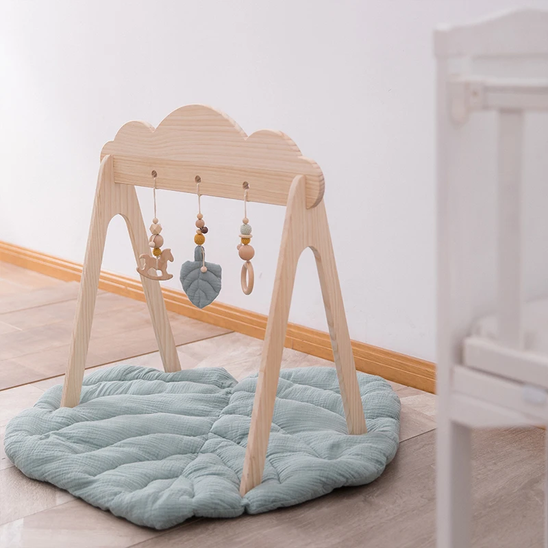 Baby Wooden Teether Gym Play Toys Cotton Leaves Mat Natural Wooden Rodent Stroller Chain Hanging Baby Toy Mobile Bed Holder Gift