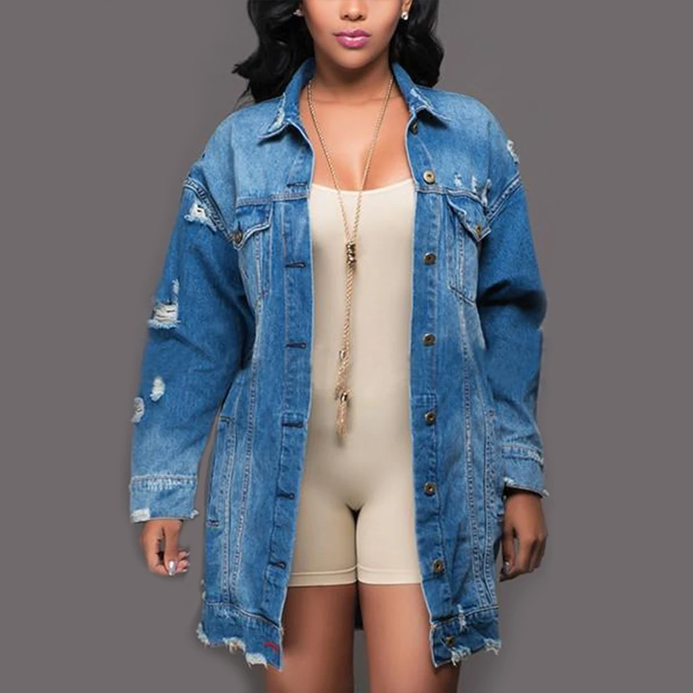 Promo Suzhan Autumn Winter Women Hole Denim Jacket Harajuku boyfriend Wind Jacket Loose Long Sleeve Femal