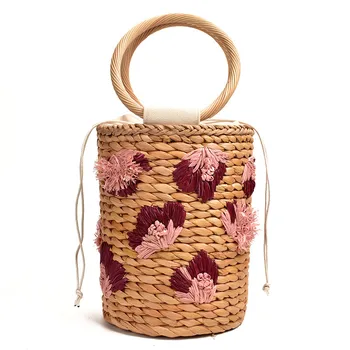 

Embroidered straw bag Three-dimensional flower straw hand woven bag, adorable bucket hand woven bag, women vacation beach bags
