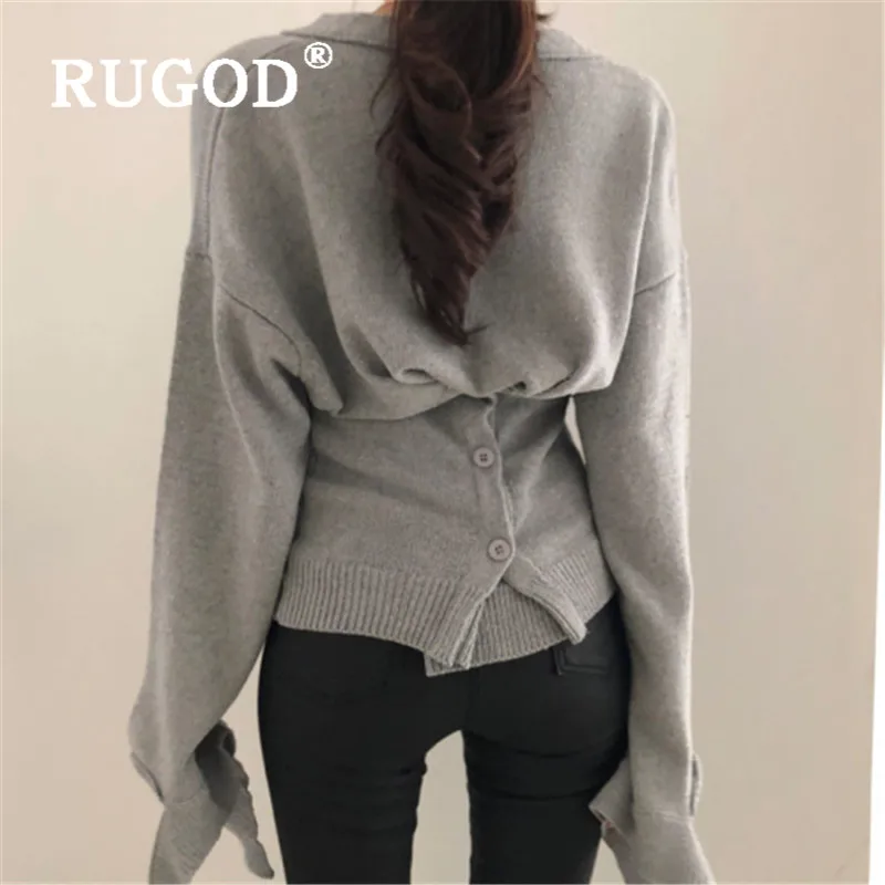 RUGOD, осенний сексуальный женский свитер, кардиган, однобортный, из кусков, на шнуровке, с дырками, тонкий, вязаный Топ, модный, женский, корейский