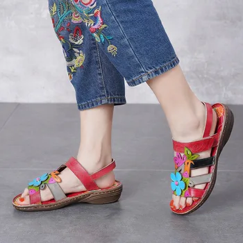 

2019 flat shoes women's genuine leather flower magic sticker National style comfortable cool shoes