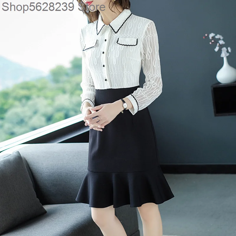 

Black And White Dress Fake Two Piece Lace Splicing Autumn Clothes 2020 Temperament Polo Collar Occupation Foreign Style Skirt