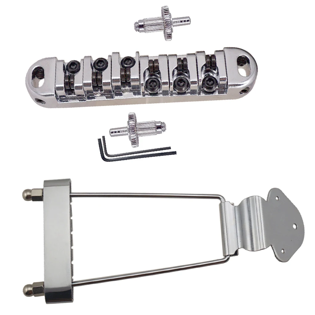 1 Set Electric Guitar Roller Saddle Bridge Hollowed String Tailpiece with Small Adjustable Lock Posts & Wrenches, Silver