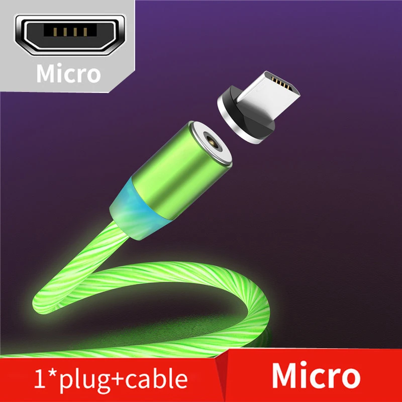 Светодиодный светящийся Магнитный Зарядное устройство кабель течет чехол с подставкой и отделениями для карт для Nokia Lumia 532 N532 2,1 2,2 3,2 4,2 Магнитный кабель для vivo S1 X27 Y97 Y3 Y17 шнур - Цвет: Micro Green