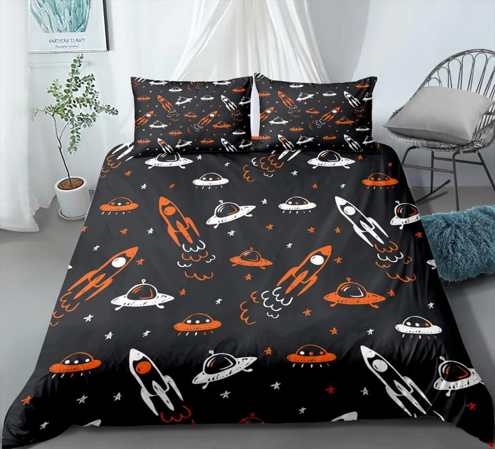 Universe Duvet Cover Set Black Orange White Microfiber Spaceship Rockets Kids Home Comforter Cover Full Queen King Bedding Set Bedding Sets Aliexpress