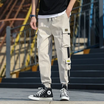 

2020 Streetwear Men Multi-pocket Sweatpants Hombre Casual Fashion Cargo Pants Men Elastic waist Beam feet Jogger Pants Male K15