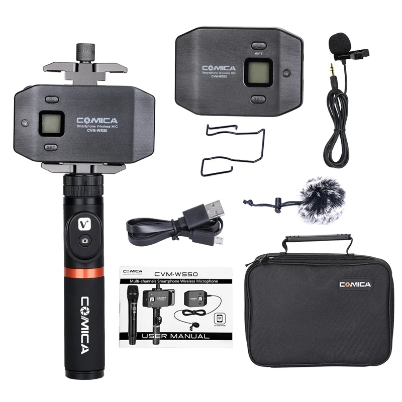 

Comica Cvm-Ws50(A) 6-Channel Uhf Wireless Smartphone Lavalier Microphone System 197Ft Range with Phone Holder + Grip + Remote