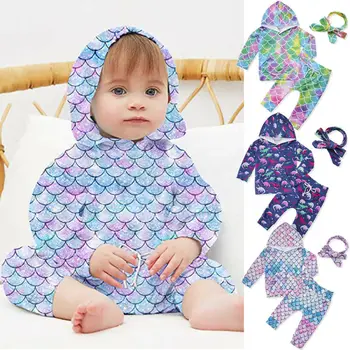 

3Pcs Newborn Baby Boy Girl Hoodie Tops Pants Outfits Mermaid Costume Set Autumn Clothing