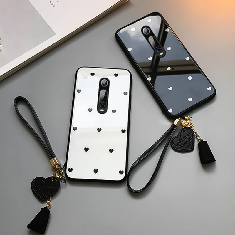 

Case & Strap For Oneplus 7 Pro 6 Case Glass Hard Phone Back Cover For Oneplus 7 one plus 6 small Love heart lanyard funda