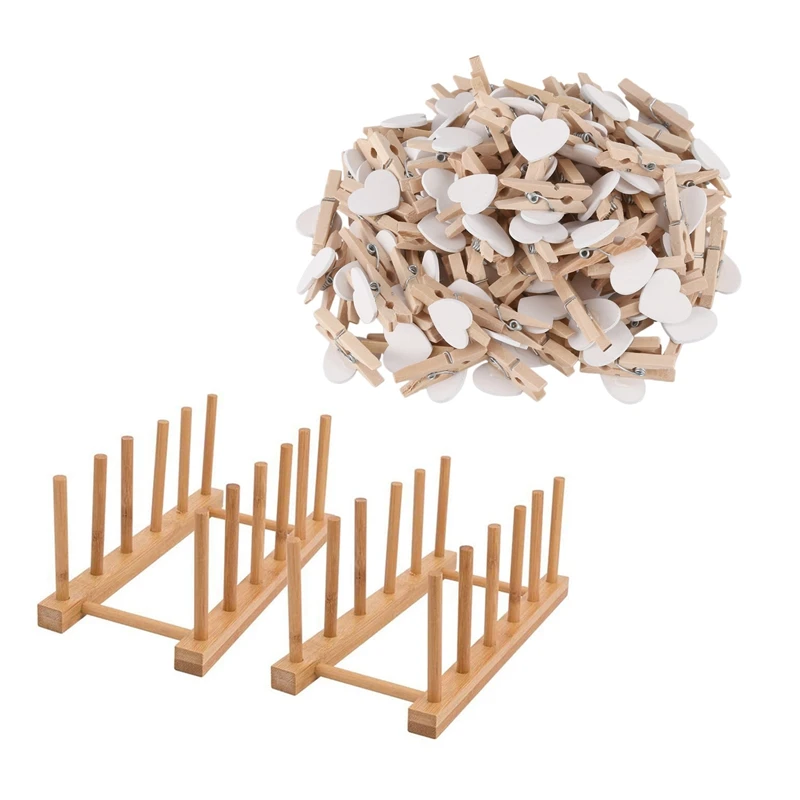 100Pack Party Photo Paper Heart Shape Crafts Mini Wooden Clip With 2Pack Dish Drying Rack Bamboo | Обустройство дома