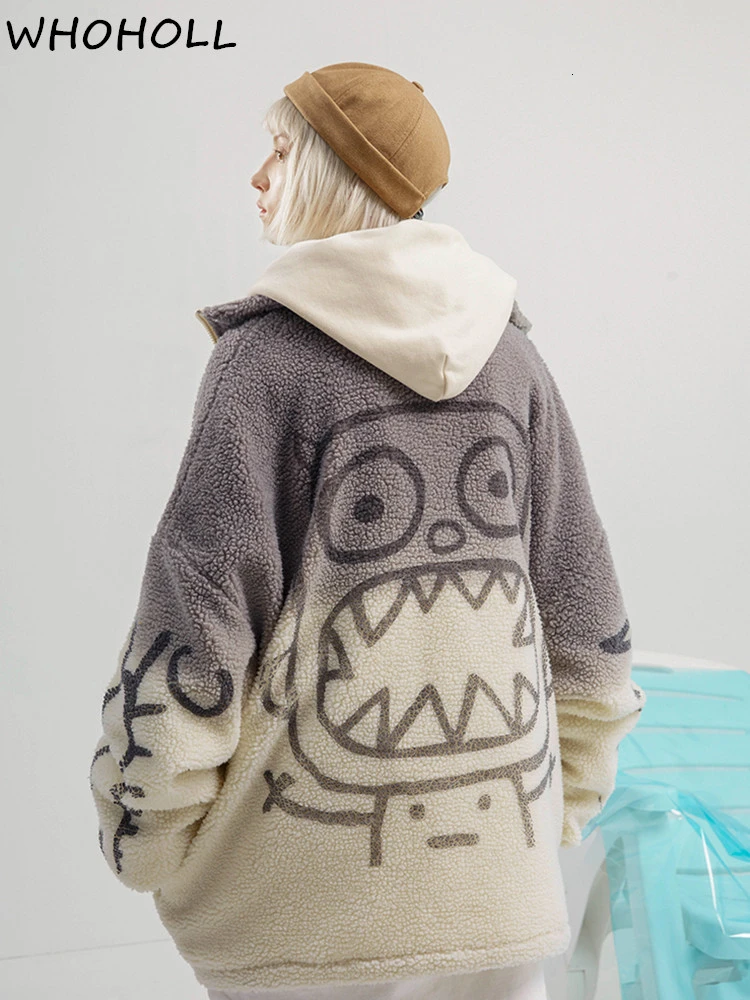 

WHOHOLL Small Monsters Print Overcoat Patchwork Color Cotton Women Parkas Even Hat Cotton-padded Clothes Long Loose Coat