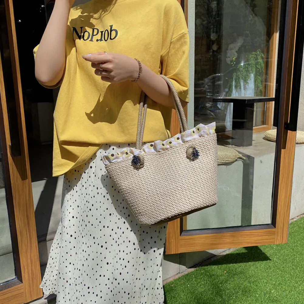 Vintage Lace Straw Woven Patchwork Women Underarm Shoulder Bag Summer Casual Beach Vacation Large Capacity Ladies Daily Handbags