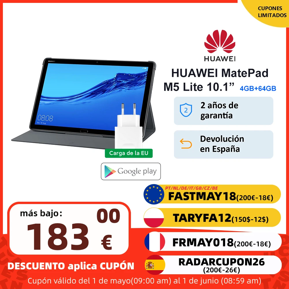 Versión global HUAWEI MediaPad M5 Lite 4GB 64GB Tablet PC 10.1 1920 x 1200 Pantalla IPS 7500 mAh EMUI 8.0 Soporte Google