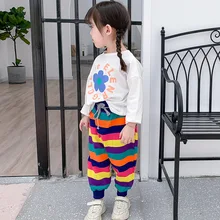Осень, стиль, модные милые универсальные штаны в Корейском стиле для девочек, детские брюки с радугой, детский тренд