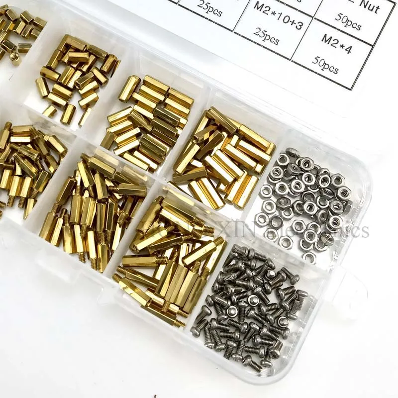 300Pcs/M2 PCB Threaded Female Brass Standoff Spacer Board Hex Screws Nut Assortment Box kit set