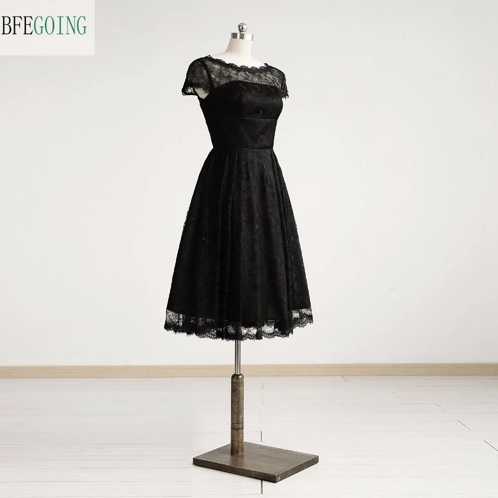 

Black Lace Cap Sleeves Scoop Knee-Length A-Line Mother Of The Bride Dresses Custom Made