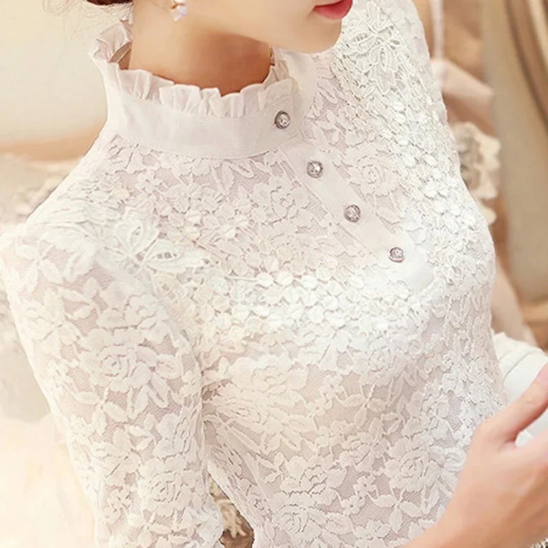 2019 new ruffles lace women blouse and shirts pearl long-sleeved slim office lady elegant white shirts outwear tops