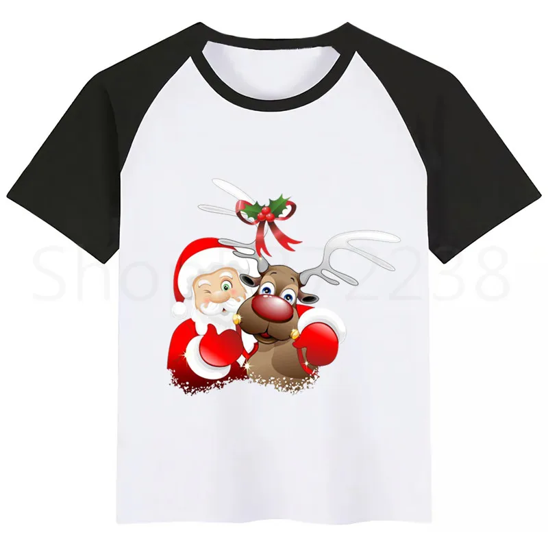 Детская футболка с рисунком Санта-Клауса и оленя; веселые детские топы; детская футболка с короткими рукавами; одежда для малышей - Цвет: BlackB