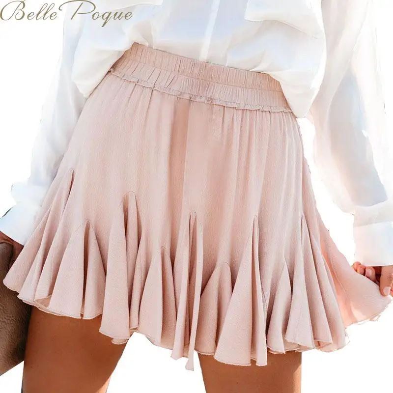 Belle Poque, сексуальная юбка для девушек, уличная одежда, тонкая нижняя часть, высокая талия, оборки, одноцветные мини юбки для женщин, лето