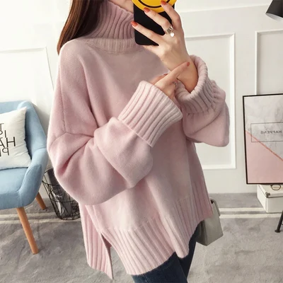 pink Корейский толстый теплый красный вязаный свитер с высоким воротником, женский топ, Осень-зима, плюс размер, Свободный вязаный пуловер с высоким воротом, женский джемпер - Цвет: pink
