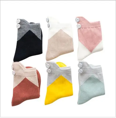 

1pair Autumn and winter new children's socks button color matching students socks boneless combed cotton socks