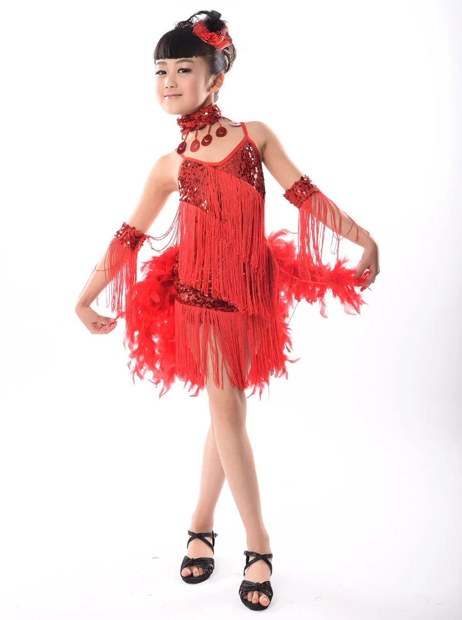 

Girls Latin Dance New Stage Performance Costume Sequin Feather Tassel Modern Dance Costume Free Shipping