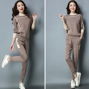 

Autumn Woman Sweater Suits Knit Casual Tracksuits Crewneck Pullovers+Drawstrings Elastic Pants 2 Piece Sets Female Outfits