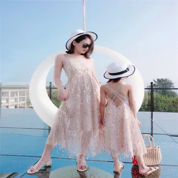 

Family Look Mom And Daughter Dresses Mother Daughter Matching Clothes Summer Sequins Beach Family Matching Mommy And Me Clothes