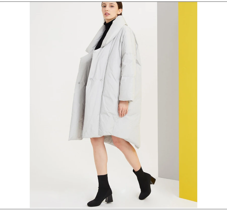 kjmyyx New Winter Jacket Women Elegant Turn Down Collar Office Lady Goose Down Jacket Long Style Warm Loose Female Overcoat