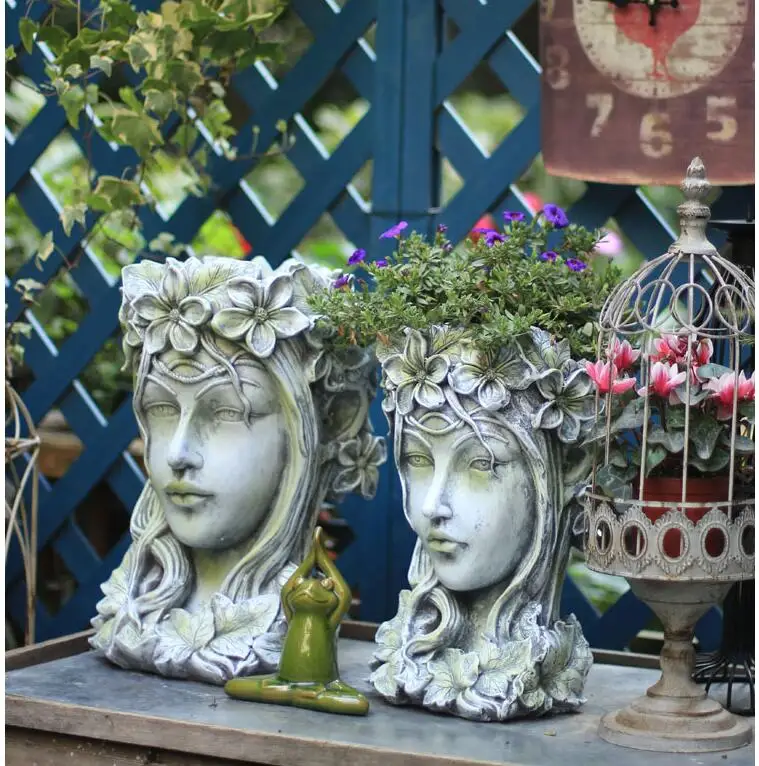 Garden Human Head Flower pot Ornaments Cement Goddess Portrait Venus Statue Vase Decoration Courtyard Sculpture Figurines Crafts