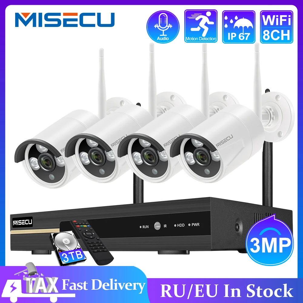 MISECU 8CH CCTV inalámbrico SISTEMA DE 1296P 3MP NVR registro de Audio impermeable al aire libre P2P Wifi IP cámara de seguridad Video Vigilancia Conjunto